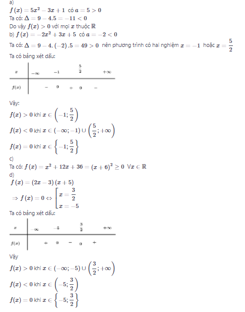 Dấu của tam thức bậc 2 - Lý thuyết và bài tập SGK có đáp án chi tiết nhất 7